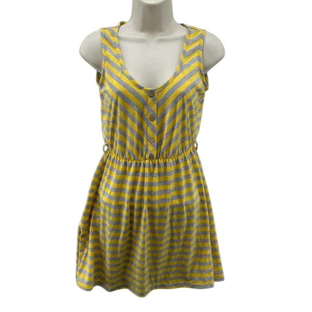 Espresso Dress Womens Juniors Medium Yellow Gray Stripe Lace Back Faux Buttons